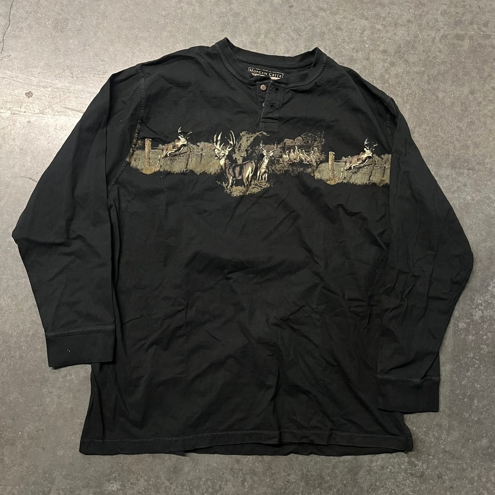 Morgan Creek Mens XXL Black Henley Long Sleeve Deer Buck Wildlife Graphic Shirt